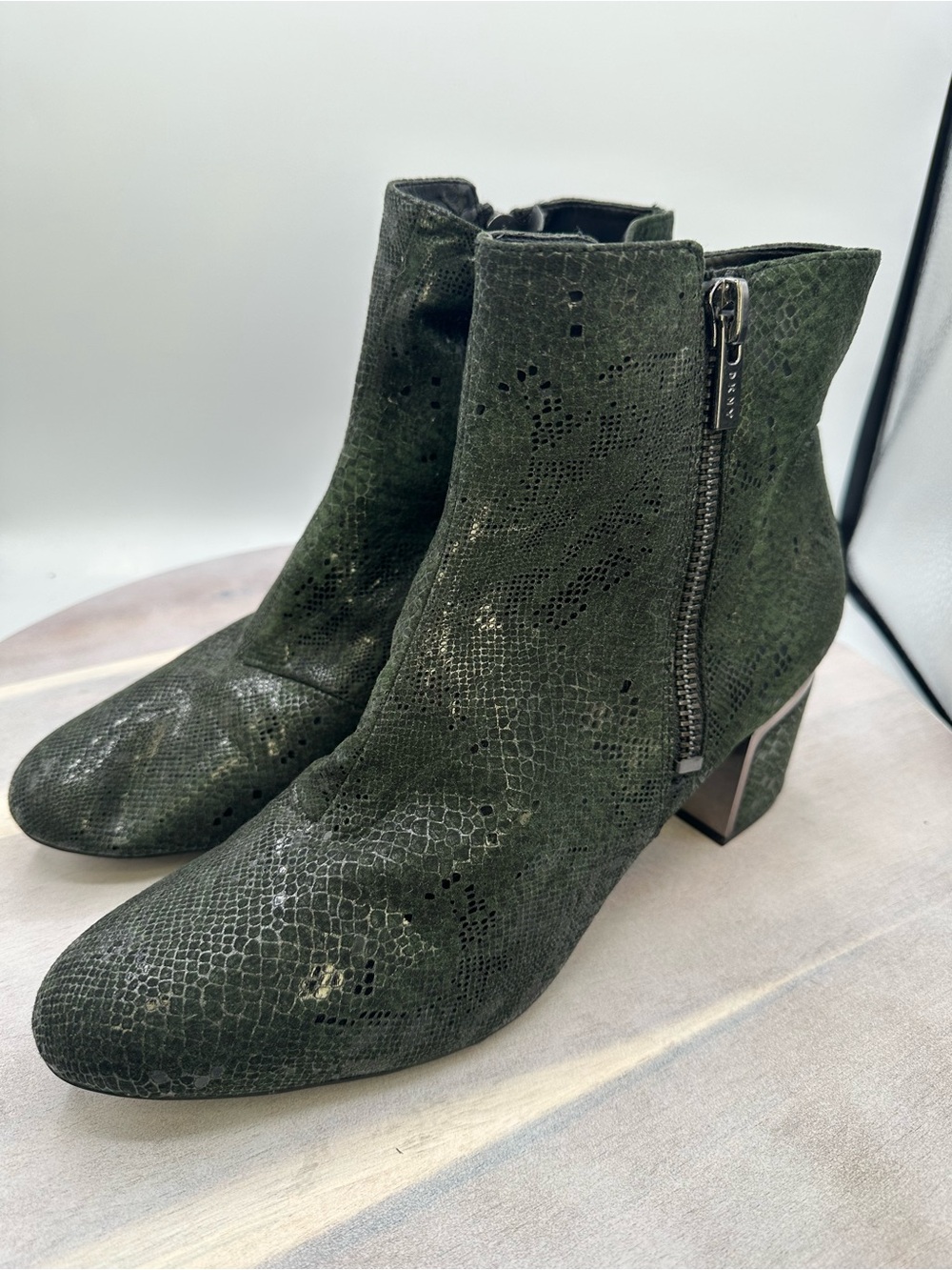 DKNY Olive Green Textured Ankle Booties with Side Zip